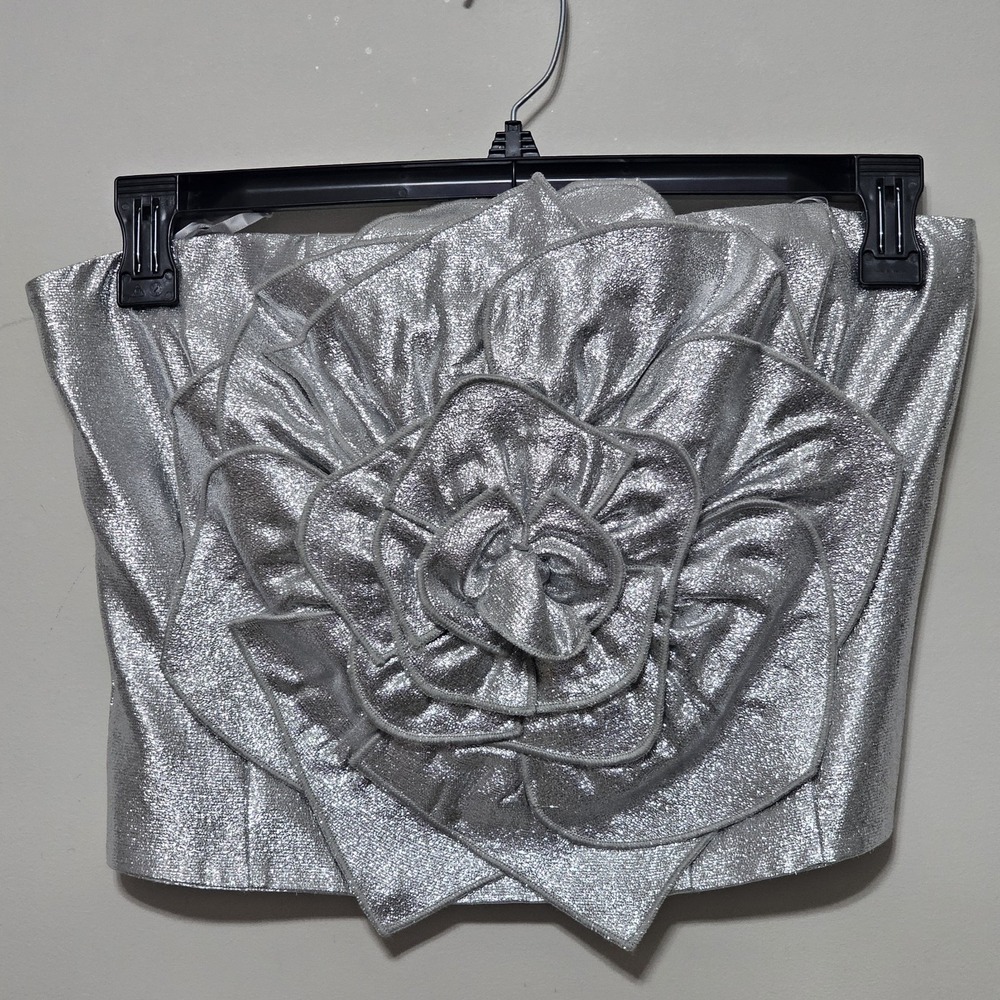 Marchesa Women Tube Top Blouse 6 Silver Corset Strapless Large Flower Crop 774